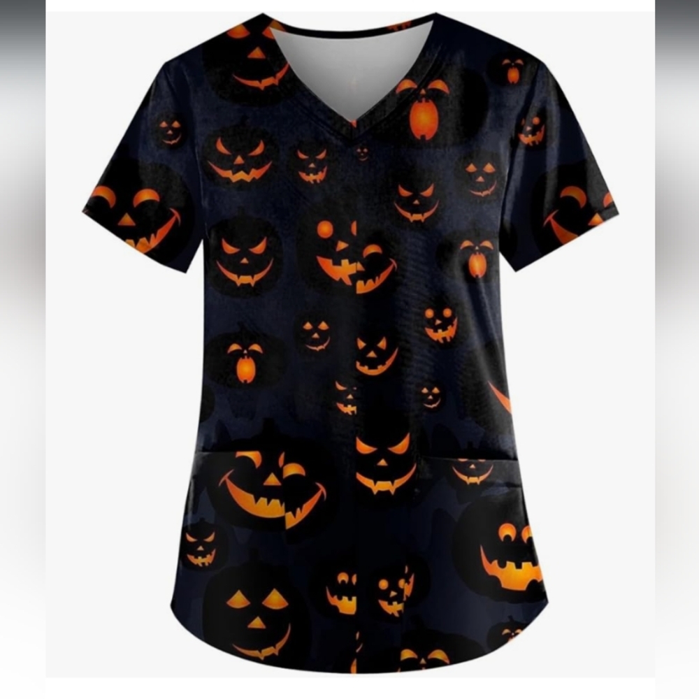 🆕Pumpkin Print V-neck Scrub Top